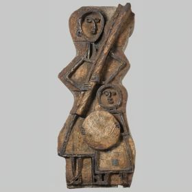 Image representing Mère et enfant sortant de la boulangerie - Céramique.