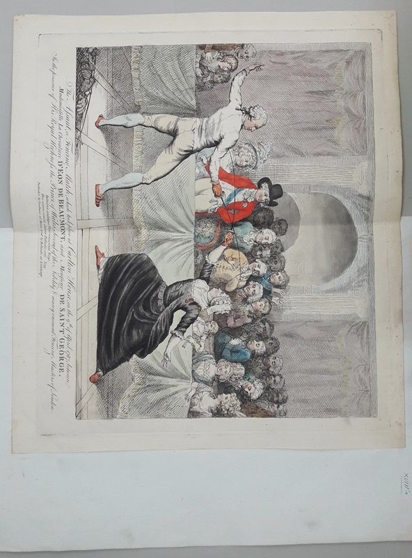 Image représentant Match d'escrime ayant lieu à Carlton House le 9 avril 1787 entre Mlle Chevalière d'Eon de Beaumont et M. de Saint Georges - Estampe